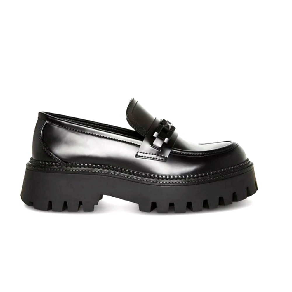 Steve Madden Women's Black Aerin Loafer Chunky Lug Sole Platform Shoes